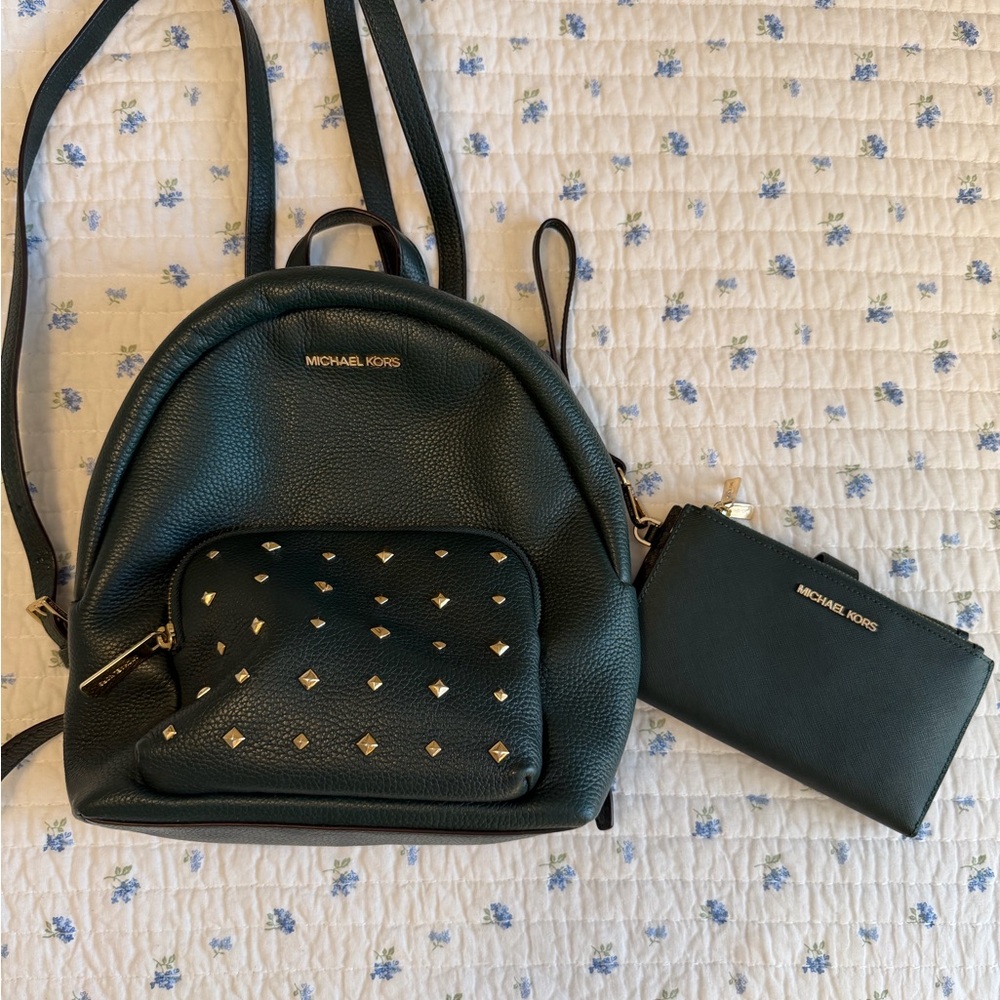 Michael Kors Erin “Racing Green” Medium Pebbled Leather Backpack with Wallet